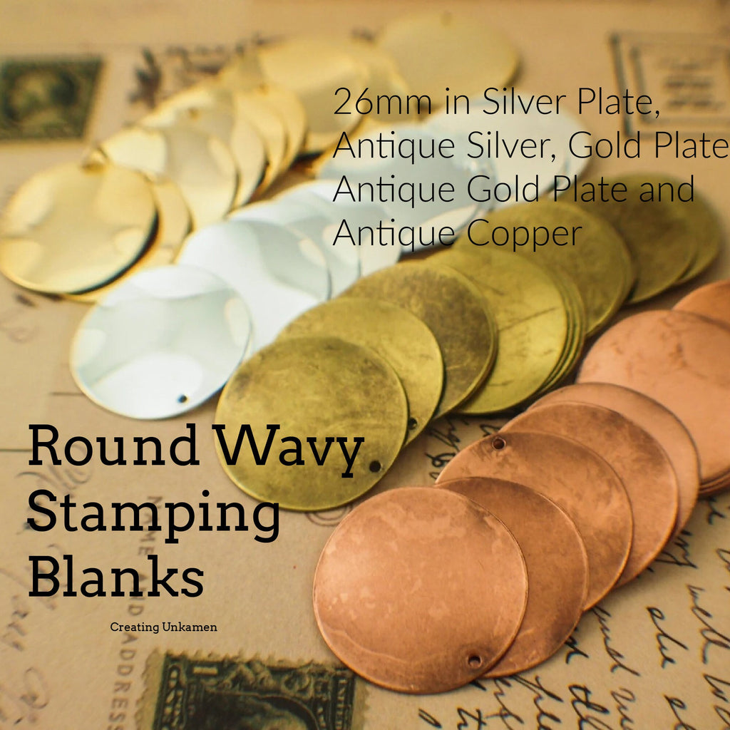5 Round Wavy Stamping Blanks - 26mm in Silver Plate, Antique Silver, Gold Plate, Antique Gold Plate and Antique Copper - 100% Guarantee