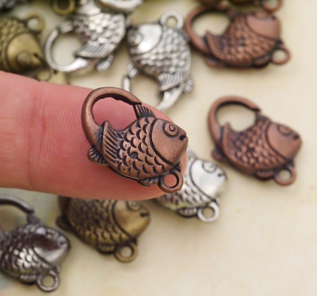 4 Fish Lobster Clasps - 20mm X 13mm - Antique Silver, Antique Gold, Antique Copper, or Gunmetal Lobster Claws - 100% Guarantee