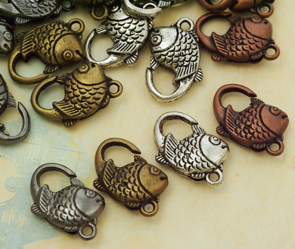 4 Fish Lobster Clasps - 20mm X 13mm - Antique Silver, Antique Gold, Antique Copper, or Gunmetal Lobster Claws - 100% Guarantee