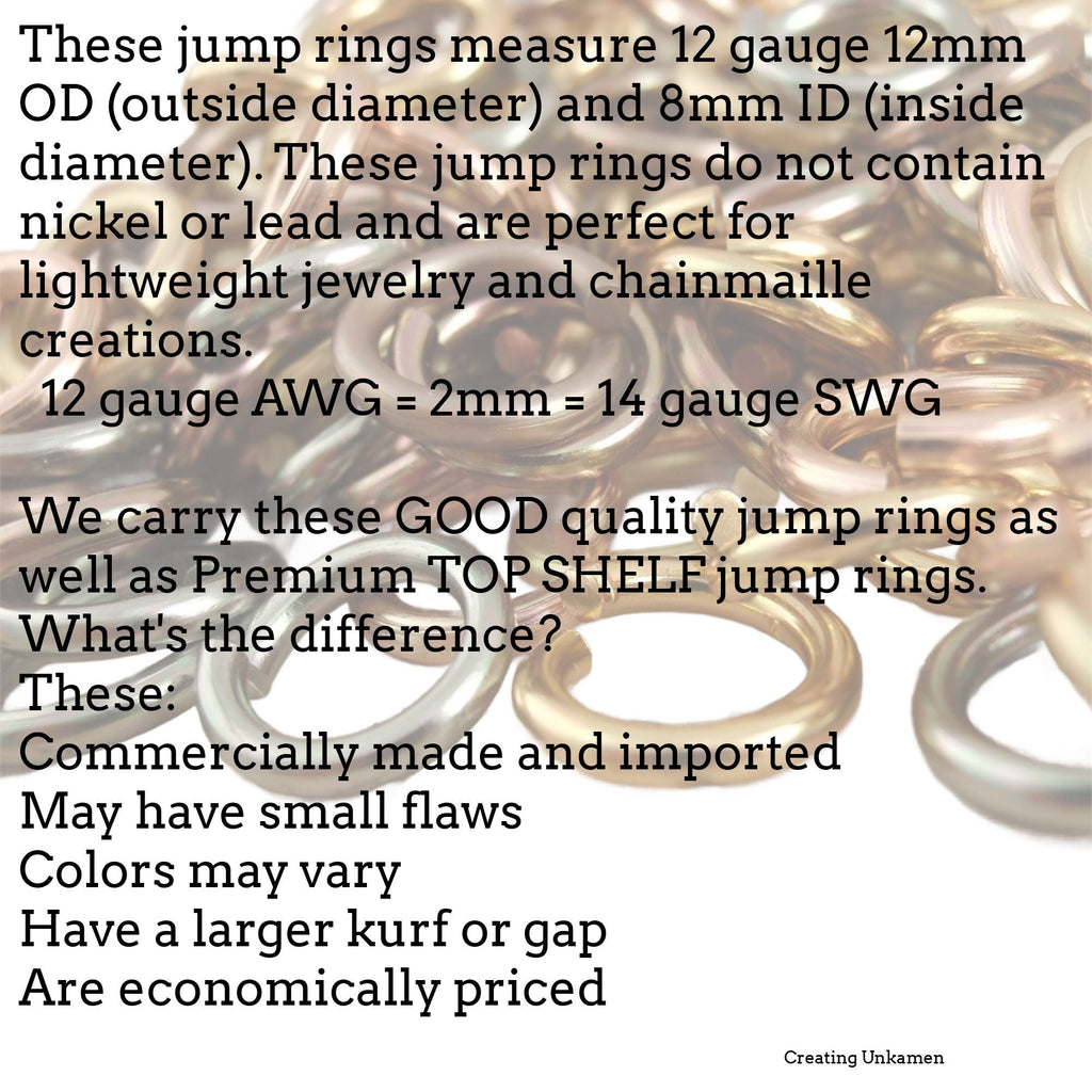 Jump Rings 100 - 12 gauge 12mm OD Metallic and More Aluminum Mix - Economical Crafting and Creating