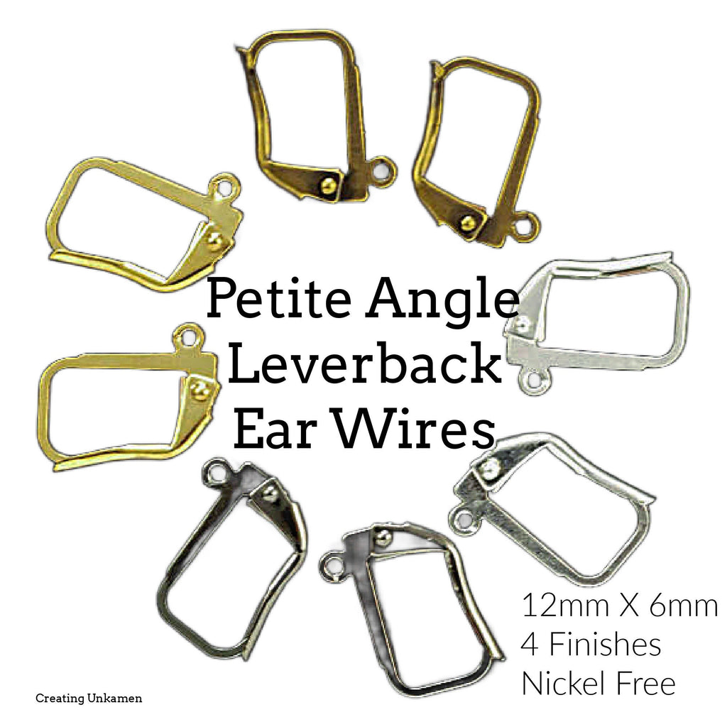 Leverback Ear Wires 4 Pairs Petite Angle with Plain Front in Gold Plate, Silver Plate, Antique Gold, Gunmetal