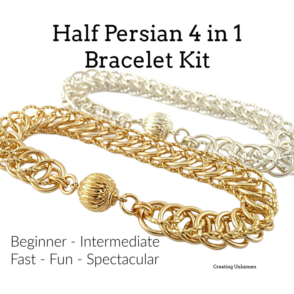 Chainmail Bracelet Kit - Half Persian 4-in-1 - Silver or Gold With Ornament Magnetic Clasp