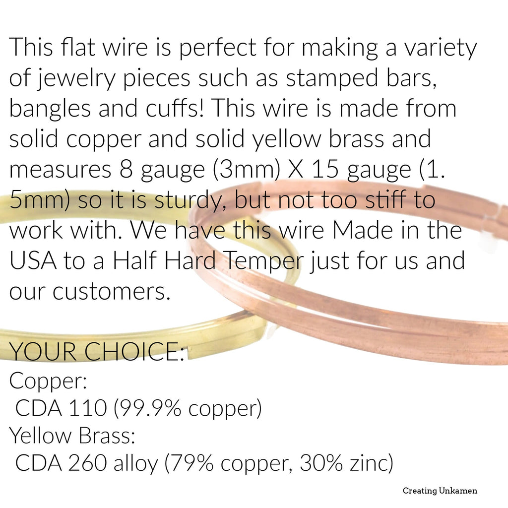 1 foot 3mm Flat Copper or Yellow Brass Wire - 8 gauge X 15 gauge
