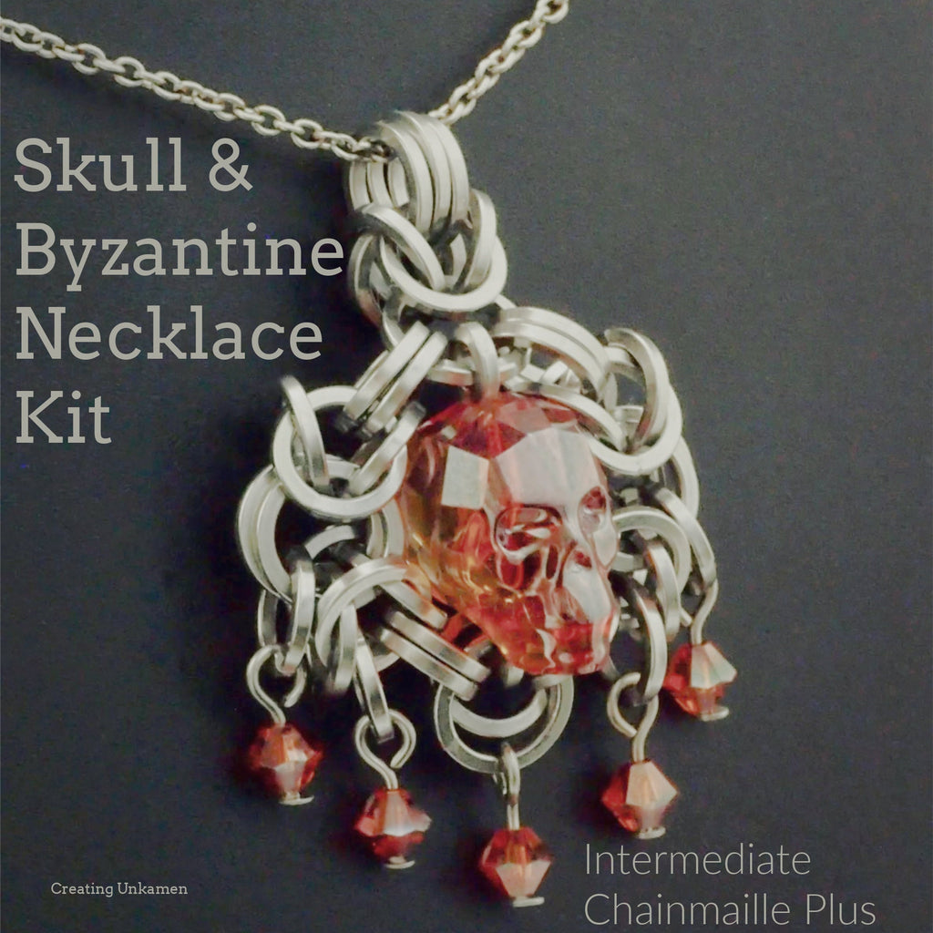Skull and Byzantine Necklace Kit - Conversation Evoking Statement Crystal - Intermediate Chainmaille