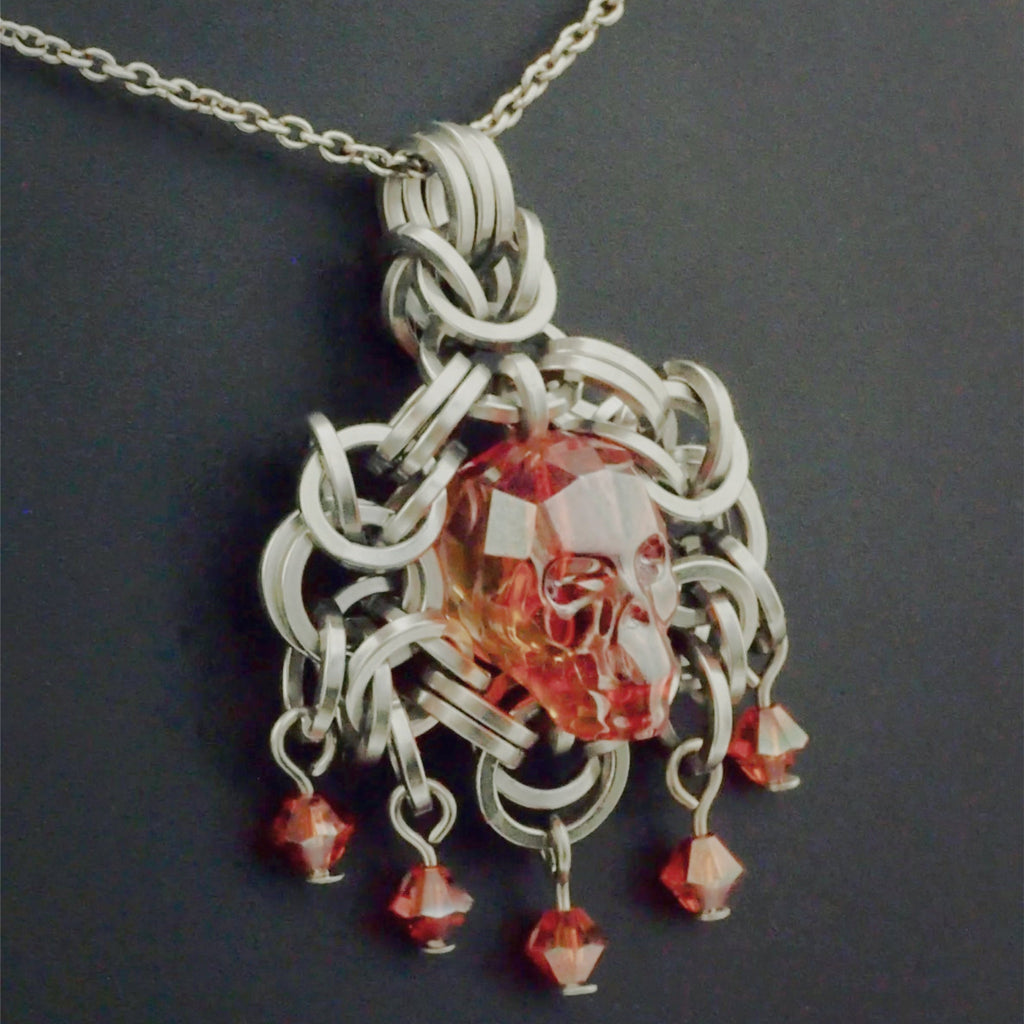 Skull and Byzantine Necklace Kit - Conversation Evoking Statement Crystal - Intermediate Chainmaille