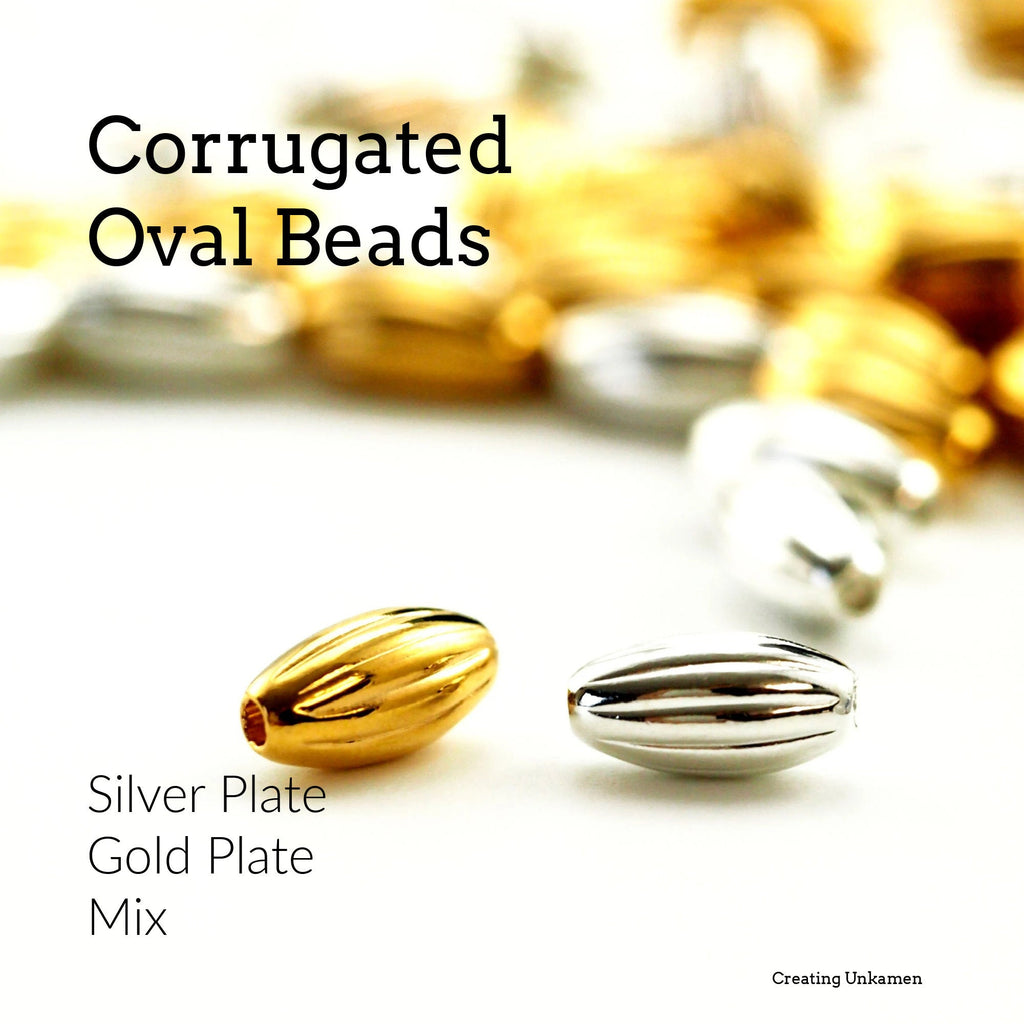 50 Corrugated Oval Silver and Gold Plated Beads in 5mm, 8mm and 12mm