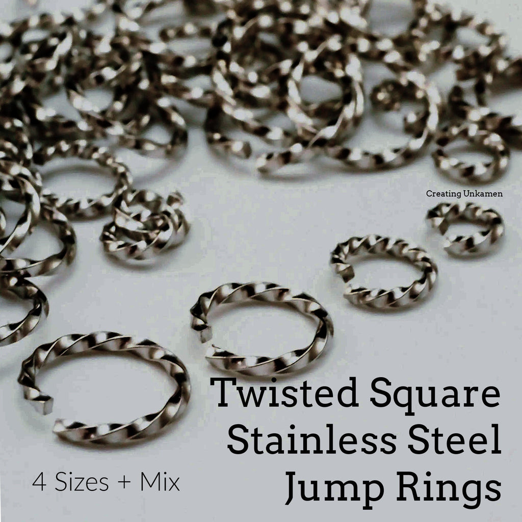 50 Twisted Square Stainless Steel Jump Rings in 16 gauge 6mm, 8mm, 10mm, 12mm OD- Best Commercially Made - 100% Guarantee