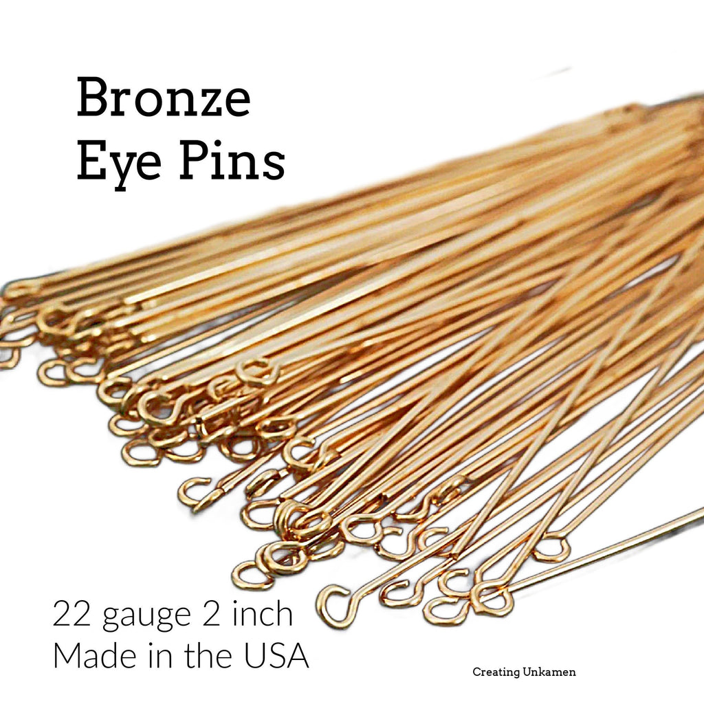 50 Eye Pins Solid Bronze Stunning 22 gauge - 2 inches 5 cm - Raw or Oxidized - Made in the USA