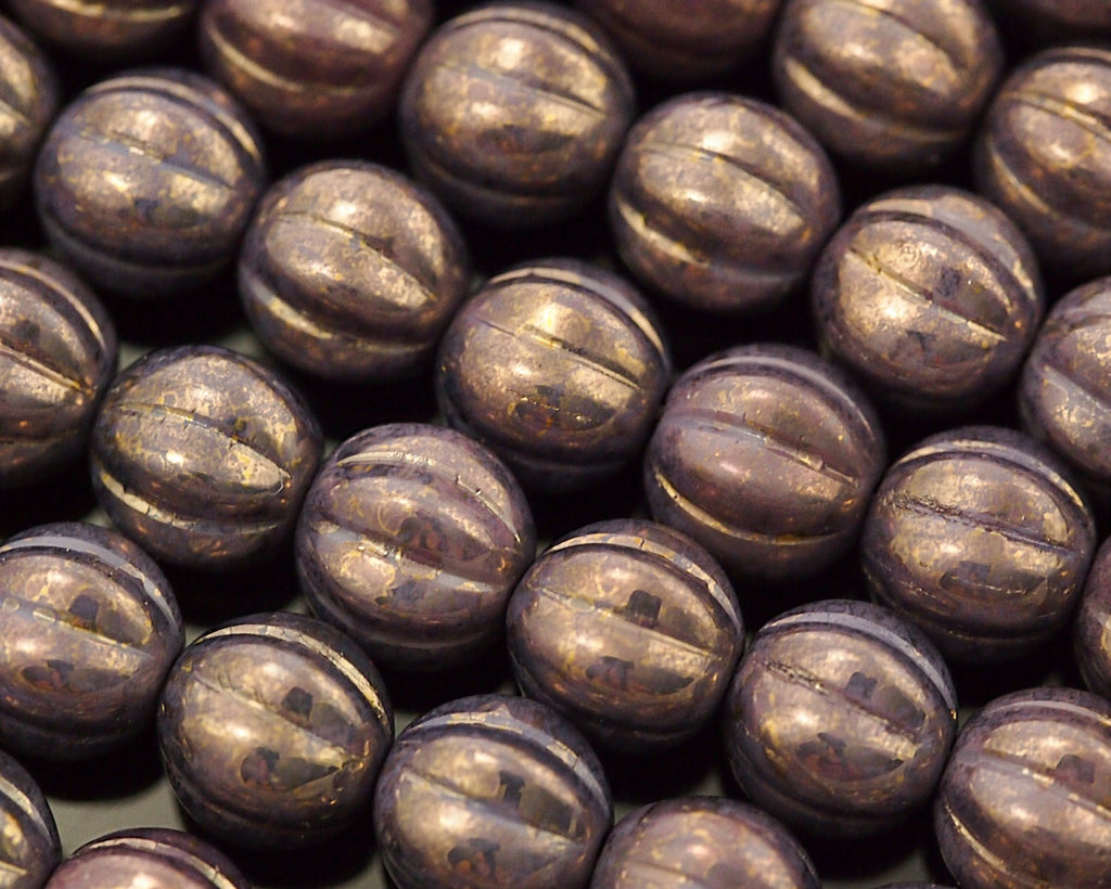 15 - 8mm Melon Beads - Opaque Amethyst Marbled Gold Corrugated Czech Glass Rounds -100% Guarantee