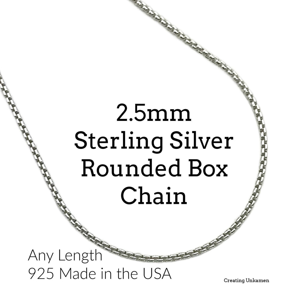 Sterling Silver Rounded Box Chain 2.6mm Any Length Necklace or By The Foot - Made in the USA