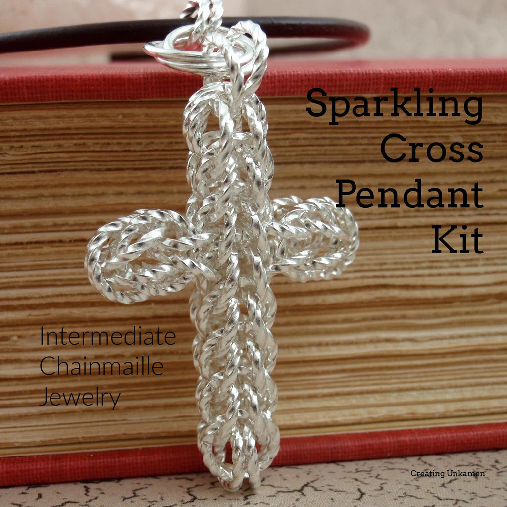 Kit Sparkling Chainmaille Cross Pendant Silver Plate, Gold Plate or Full Persian Intermediate Jewelry Weave