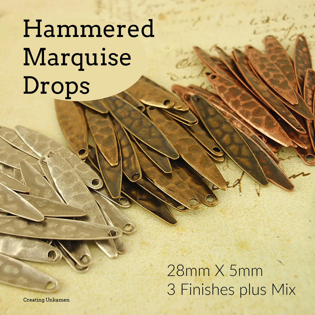 20 Hammered Marquise Leaf Drops 28mm X 5mm Charms in Antique Silver, Antique Gold and Antique Copper - Perfect for Earrings - 100% Guarantee