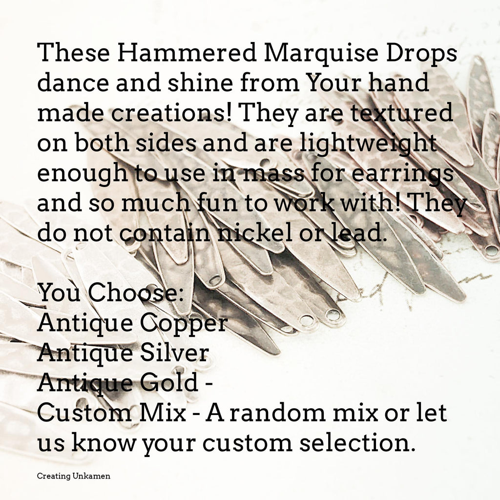 20 Hammered Marquise Leaf Drops 28mm X 5mm Charms in Antique Silver, Antique Gold and Antique Copper - Perfect for Earrings - 100% Guarantee
