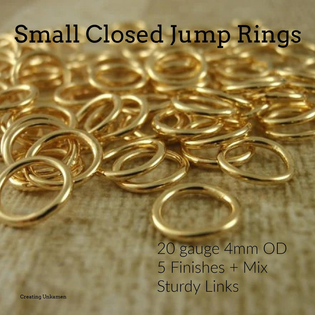 Closed Jump Rings 50 Small Soldered 20 gauge 4mm OD - Antique Gold, Gunmetal, Copper, Silver Plate or Gold Plate -100% Guarantee