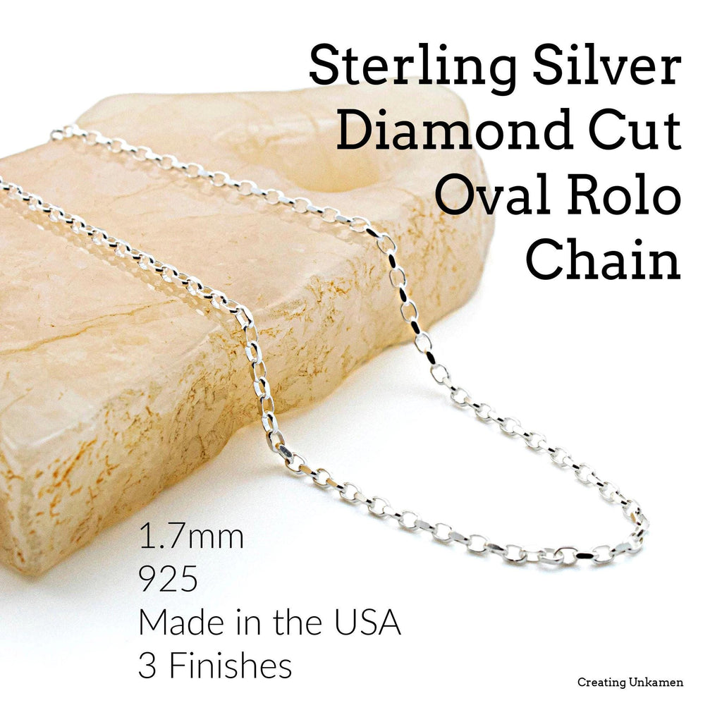 Necklace 1.7mm Sterling Silver Diamond Cut Oval Rolo Chain - Black, Antique or Shiny Any Length or By The Foot - Made in the USA
