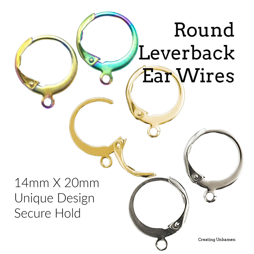 5 Pairs Round Leverback Ear Wires - Surgical Stainless Steel - Peacock Rainbow, Gold, Rose Gold, Silver