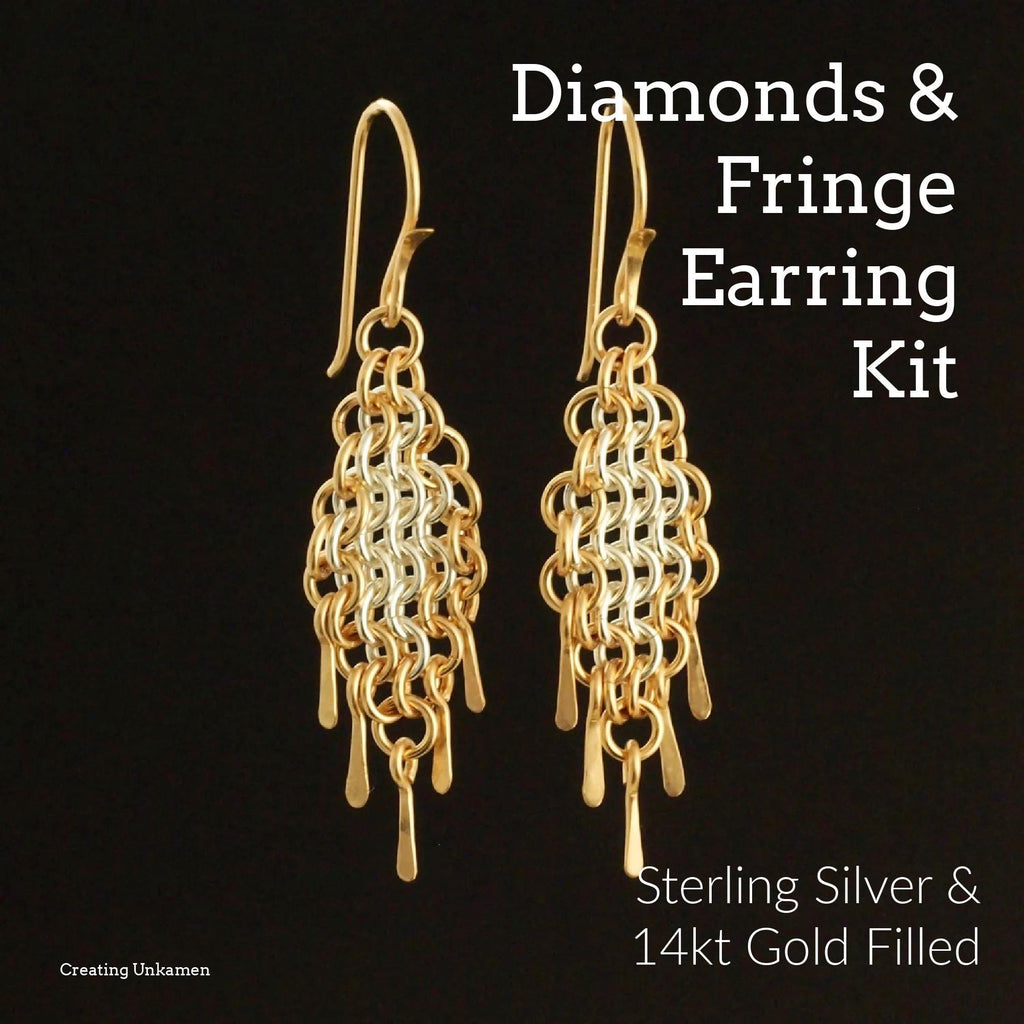 Kit 14kt Gold Filled and Sterling Silver Chainmaille Earrings in European 4 in 1 Diamonds and Fringe