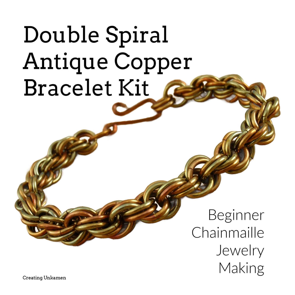 Kit Double Spiral Bracelet in Antique Copper - Unique Vintage Look - Beginners Chainmaille Jewelry Creating