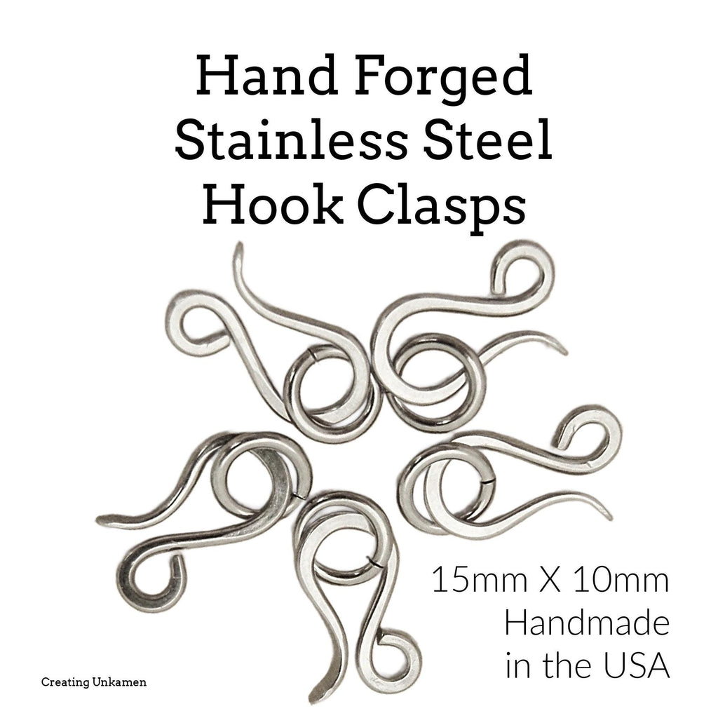 Stainless Steel Hook Clasp - 1 Hand Forged Medium 16mm X 10mm with Catch Ring