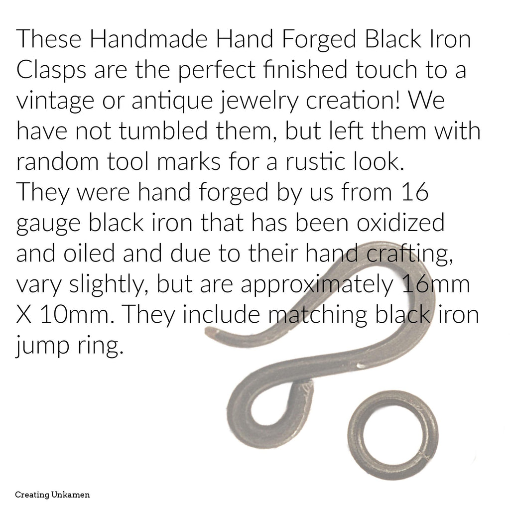 1 Hand Forged Black Iron Hook Clasp With Jump Ring - 16mm X 10mm