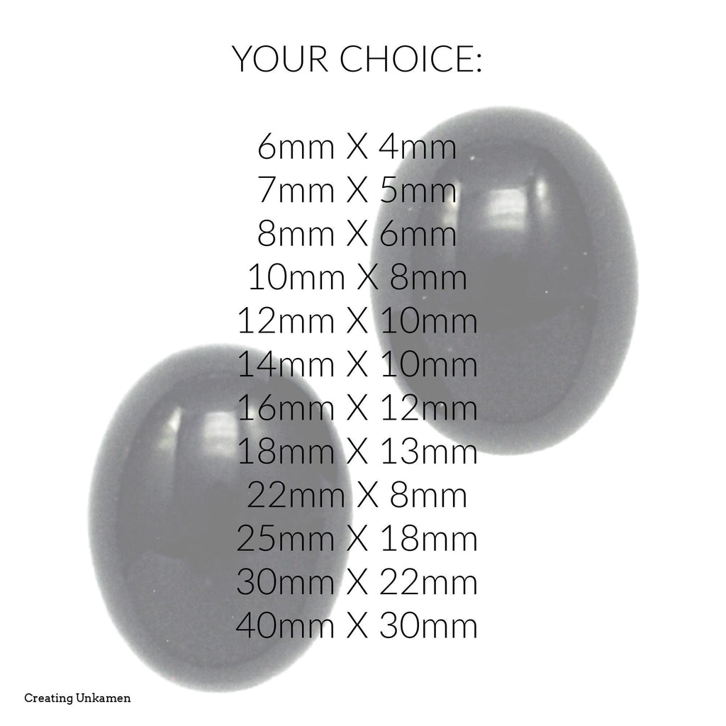 Black Onyx Oval Calibrated Cabochons 8mm X 6mm, 9mm X 7mm, 10mm X 8mm, 12mm X 10mm, 14mm X 10mm, 16mm X 12mm, 18mm X 13mm, 25mm X 18mm