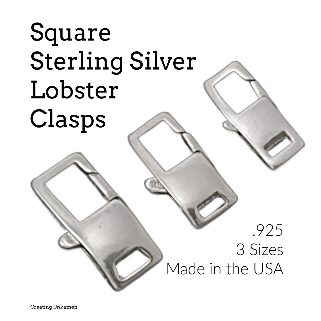 1 Sterling Silver Square Lobster Clasp - Small, Medium or Large - Shiny, Antique or Black - Made in the USA - 100% Guarantee