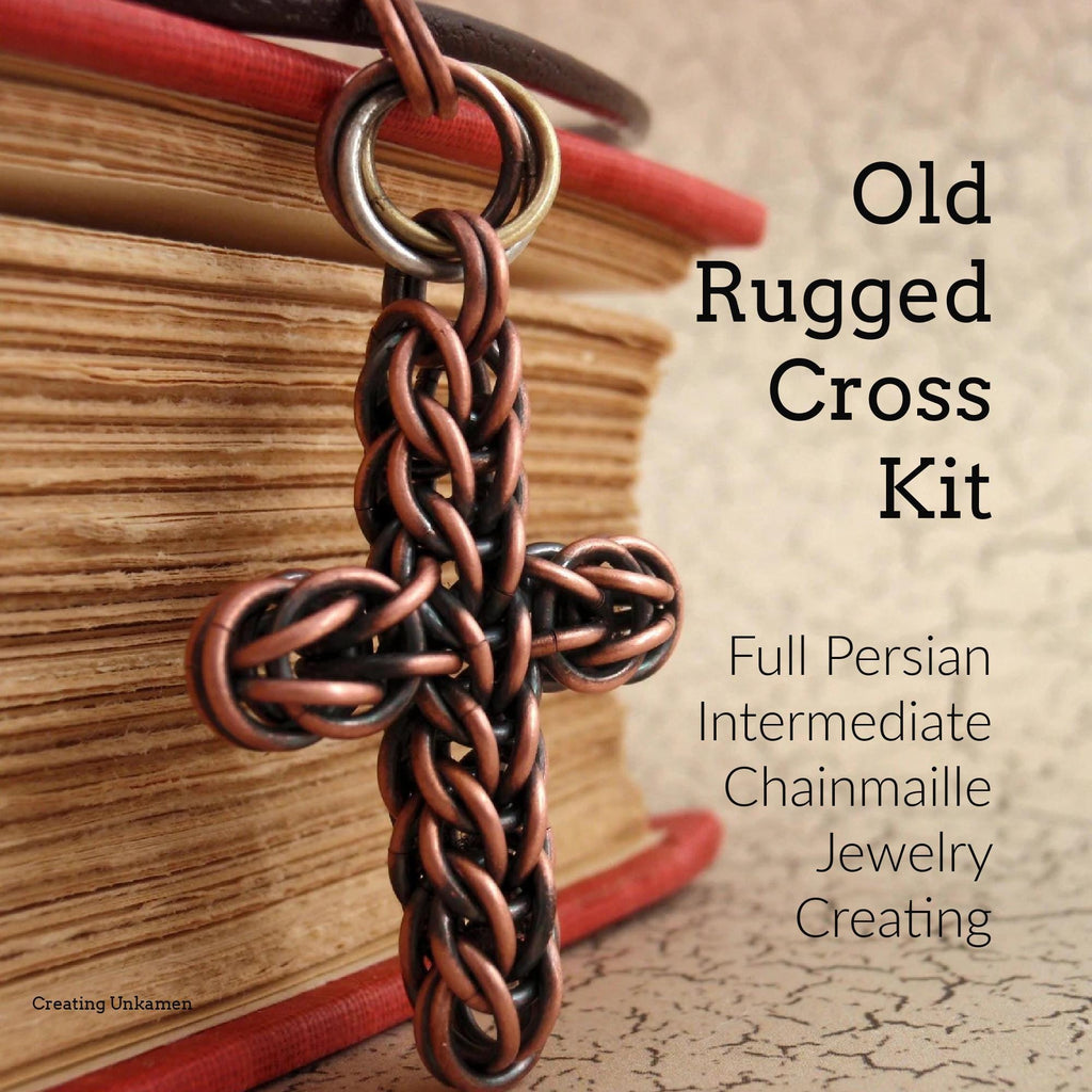 Kit Old Rugged Cross Pendant or Necklace in Solid Oxidized Copper - Full Persian Intermediate Chainmaille Jewelry Creating - Size Medium