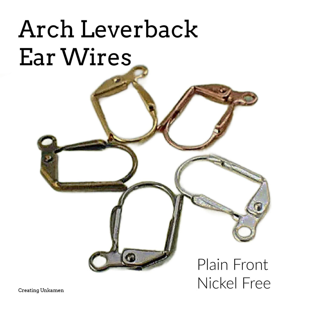 20 Pairs Arch Leverback Ear Wires with Plain Front in Gold, Silver Plated, Gunmetal or Antique Brass