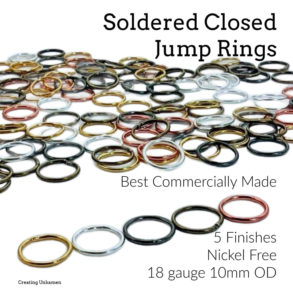100 Soldered Closed Jump Rings in Copper, Gunmetal, Antique Gold, Silver Plate or Gold Plate - 18 gauge 10mm OD - Best Commercially Made