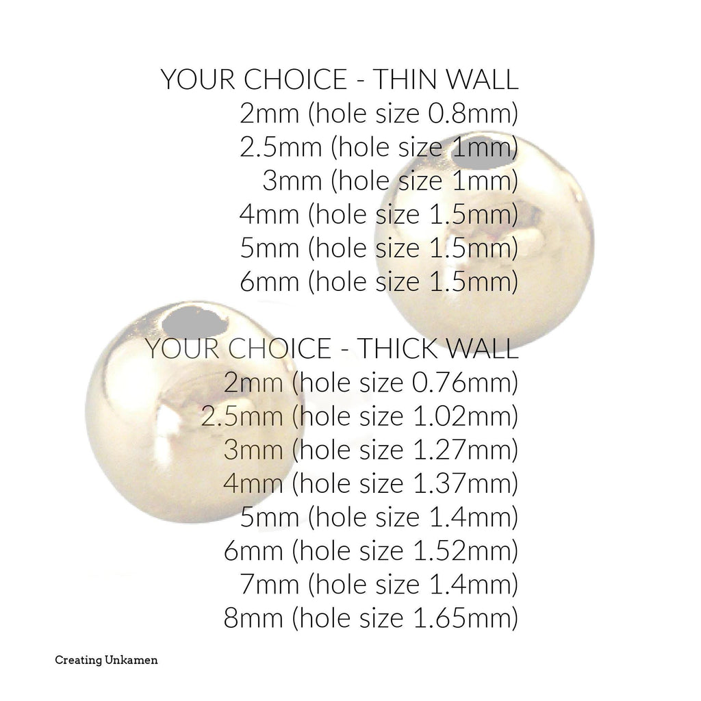 2 - 14kt Solid Gold Smooth Round Beads - 2mm, 2.5mm, 3mm, 4mm, 5mm, 6mm, 8mm - Thin or Thick Wall