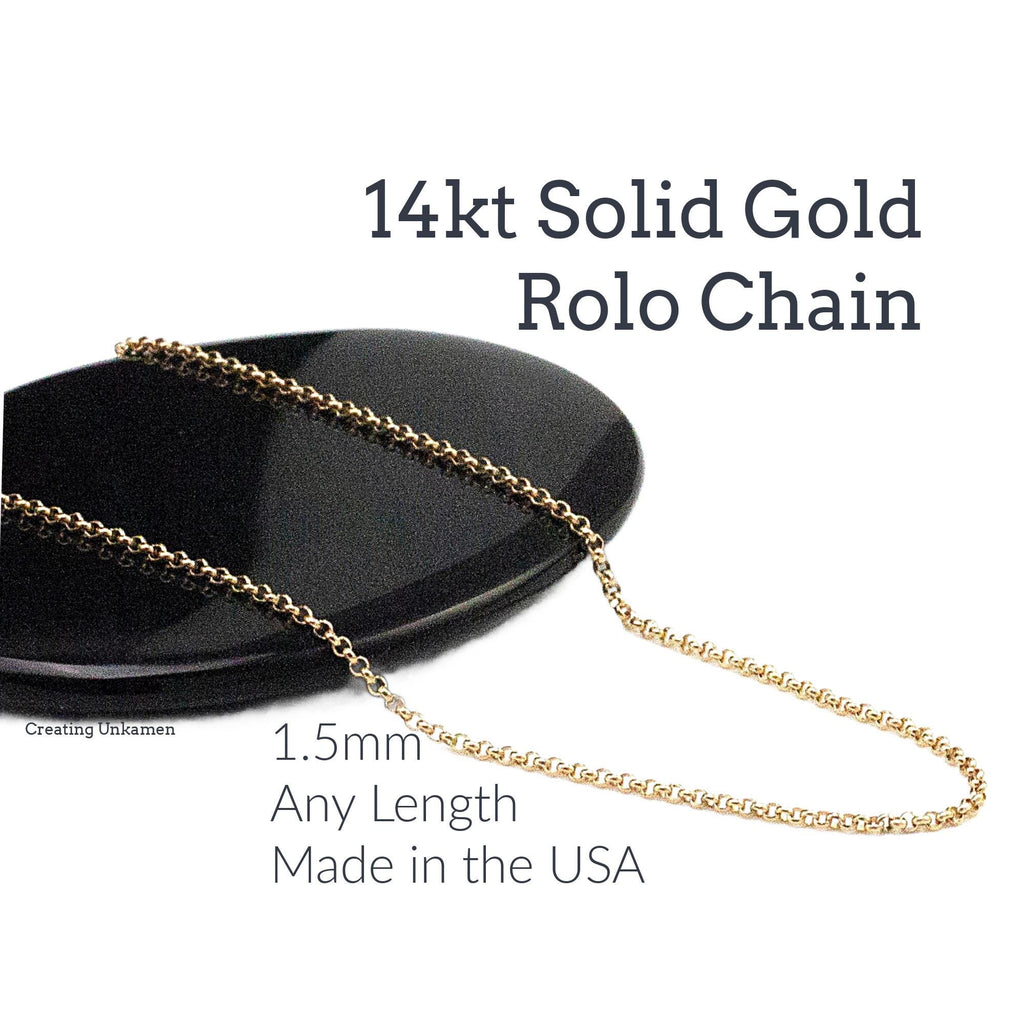 14kt Solid Gold Rolo Chain 1.5mm Custom Finished Lengths or By The Foot - Made in the USA