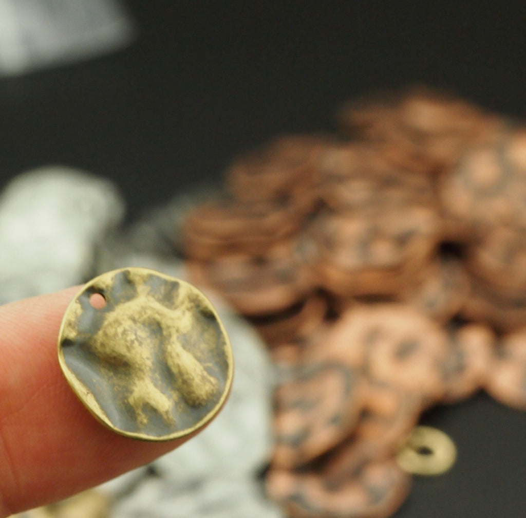 10 - Organic Textured Charms in Antique Silver, Antique Copper, Antique Gold in 10mm or 16mm - 100% Guarantee