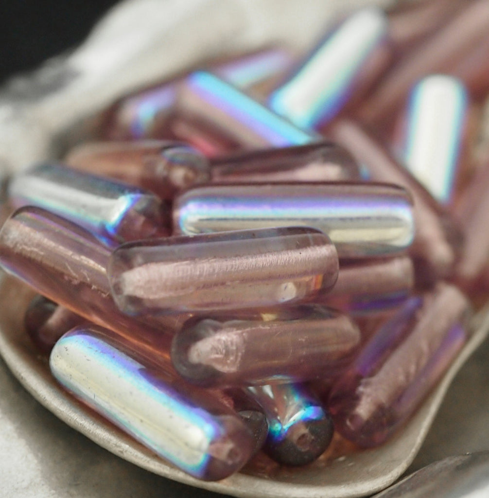 Czech Beads 40 - 14x4mm Amethyst AB Long Tubes 100% Guarantee