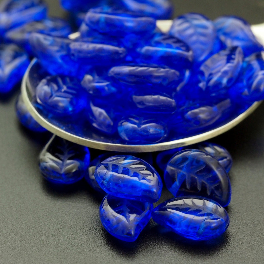 20 Deep Blue Sapphire Eucalyptus Leaves Beads - 12mm X 9mm - Czech Glass - 100% Guarantee