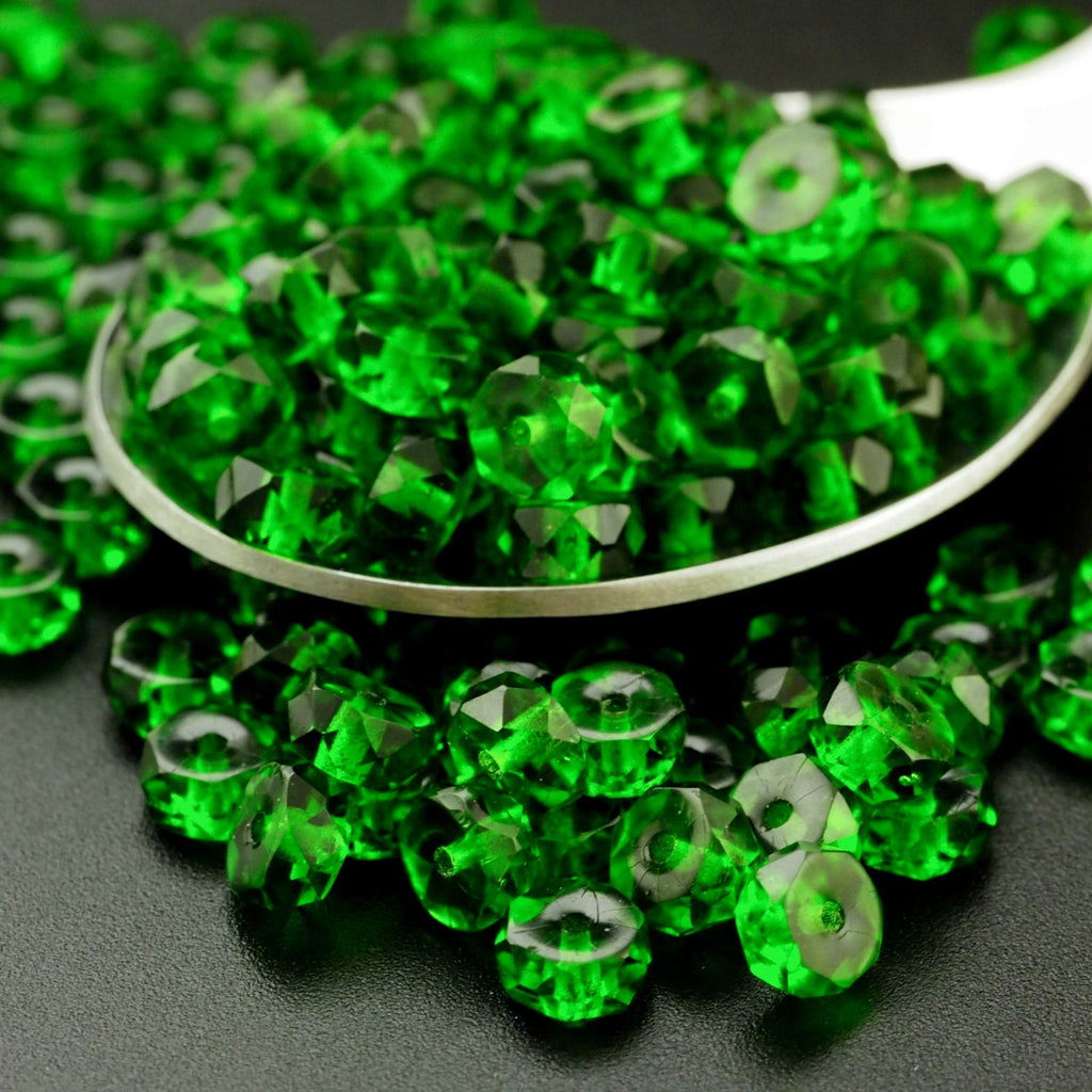 30 - Faceted Crow Beads - 6mm X 3mm Fire Polished Green Emerald Czech Glass Beads - 100% Guarantee