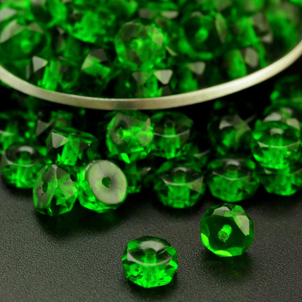 30 - Faceted Crow Beads - 6mm X 3mm Fire Polished Green Emerald Czech Glass Beads - 100% Guarantee