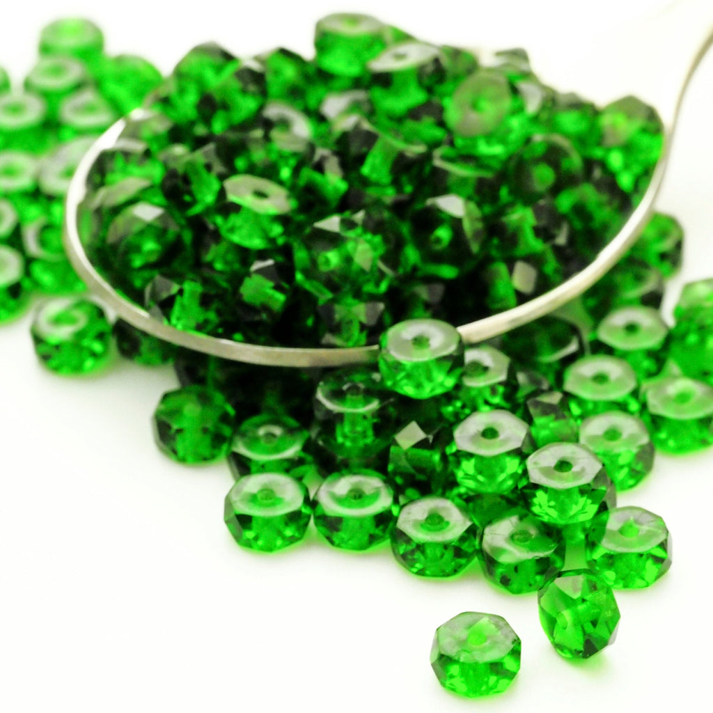 30 - Faceted Crow Beads - 6mm X 3mm Fire Polished Green Emerald Czech Glass Beads - 100% Guarantee