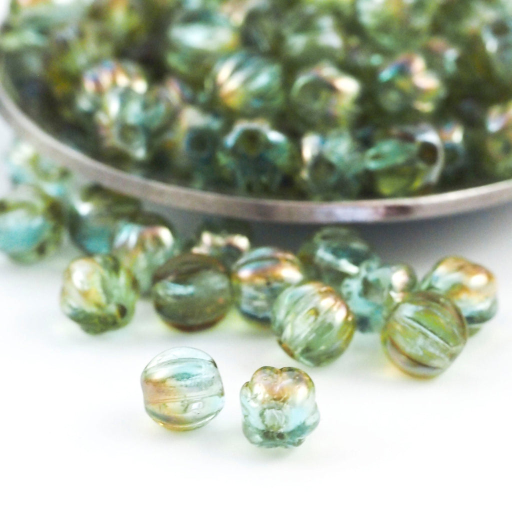 30 - 5mm Aquamarine Celsian Melon Beads - Corrugated Czech Glass Rounds
