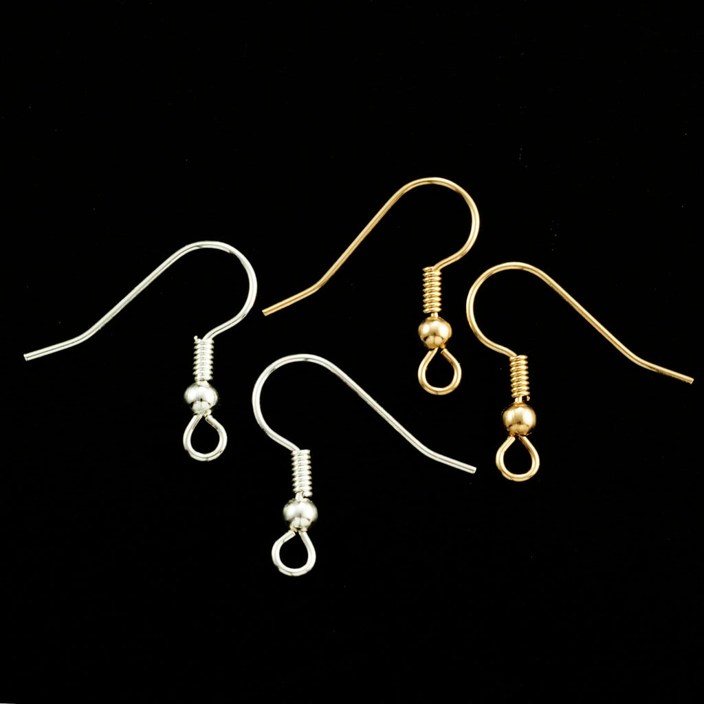 20 pairs - Basic Bead and Coil Ear Wires - Silver, Gold, or Bright Silver Plated - 100% Guarantee