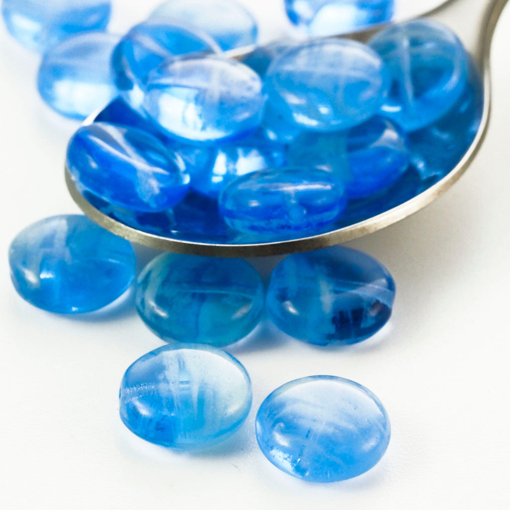 5 - 12mm Glow in the Dark Coin Beads - Czech Pressed Glass Flattened Rounds in Sapphire, Peridot, Topaz, Alexandrite