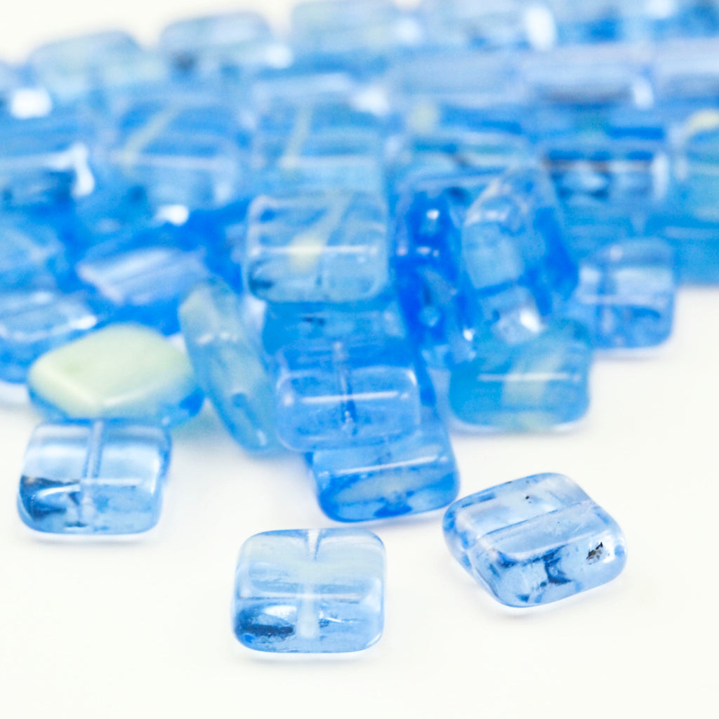 10 - 9mm Glow in the Dark Square Sapphire Beads - Czech Pressed Glass - 100% Guarantee