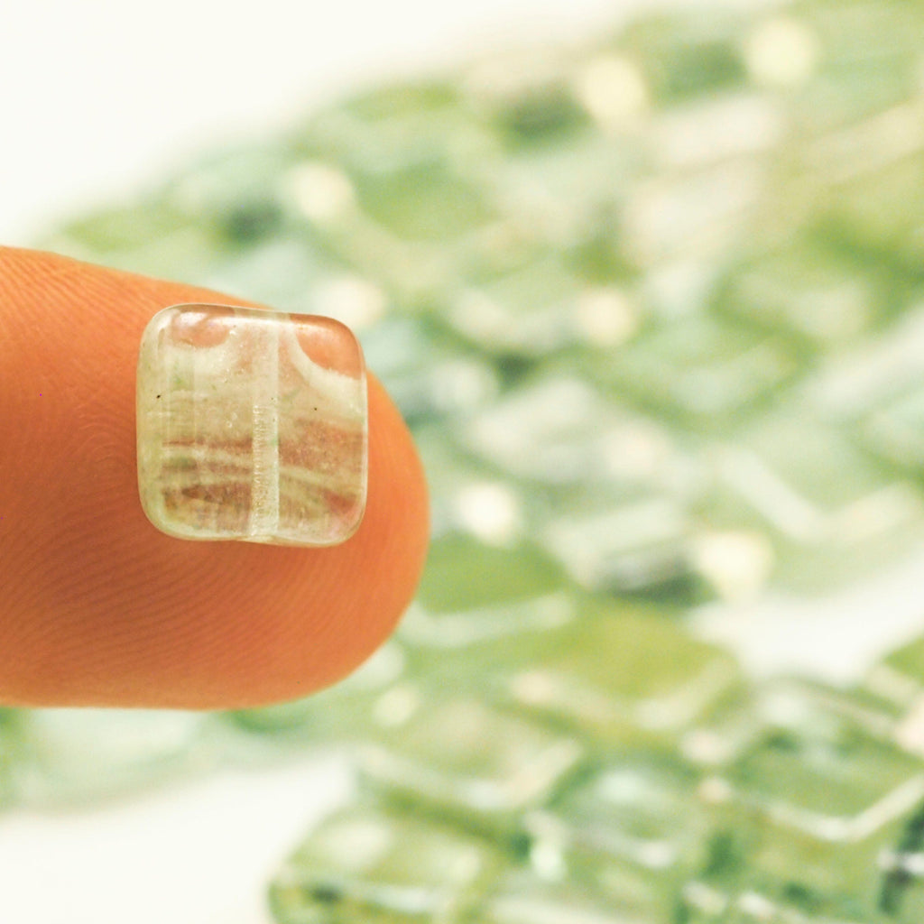 10 - 9mm Glow in the Dark Square Prairie Green Beads - Czech Pressed Glass - 100% Guarantee