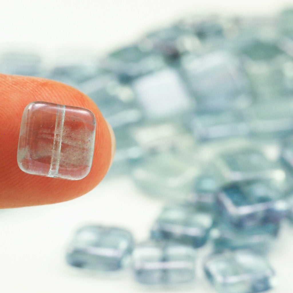 10 - 9mm Glow in the Dark Square Luster Transparent Blue Beads - Czech Pressed Glass - 100% Guarantee