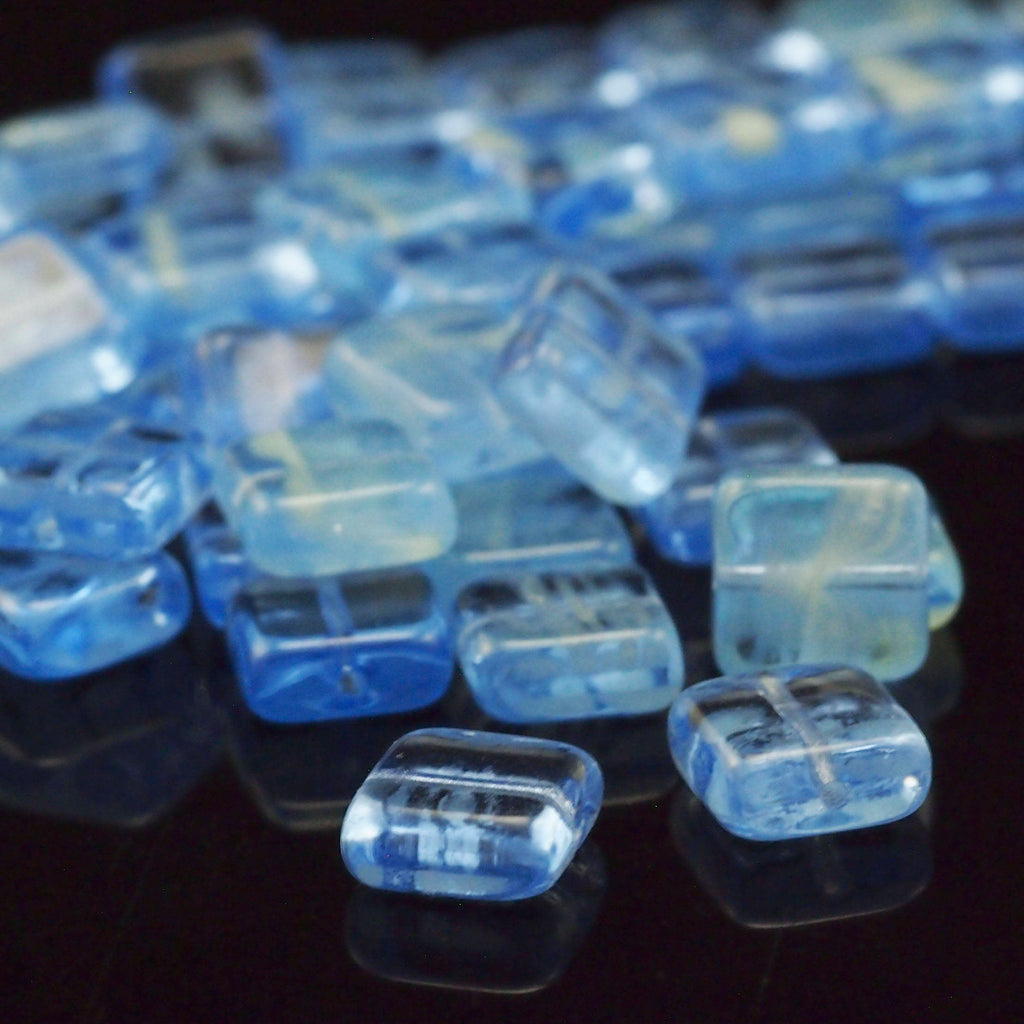 10 - 9mm Glow in the Dark Square Sapphire Beads - Czech Pressed Glass - 100% Guarantee