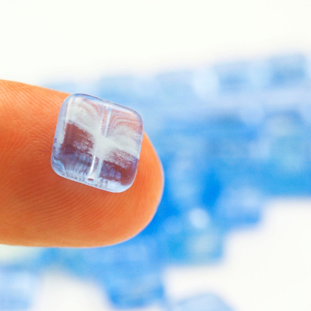 10 - 9mm Glow in the Dark Square Sapphire Beads - Czech Pressed Glass - 100% Guarantee