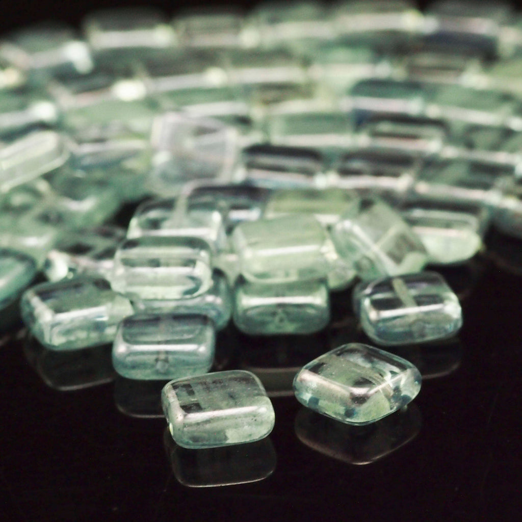 10 - 9mm Glow in the Dark Square Luster Transparent Blue Beads - Czech Pressed Glass - 100% Guarantee