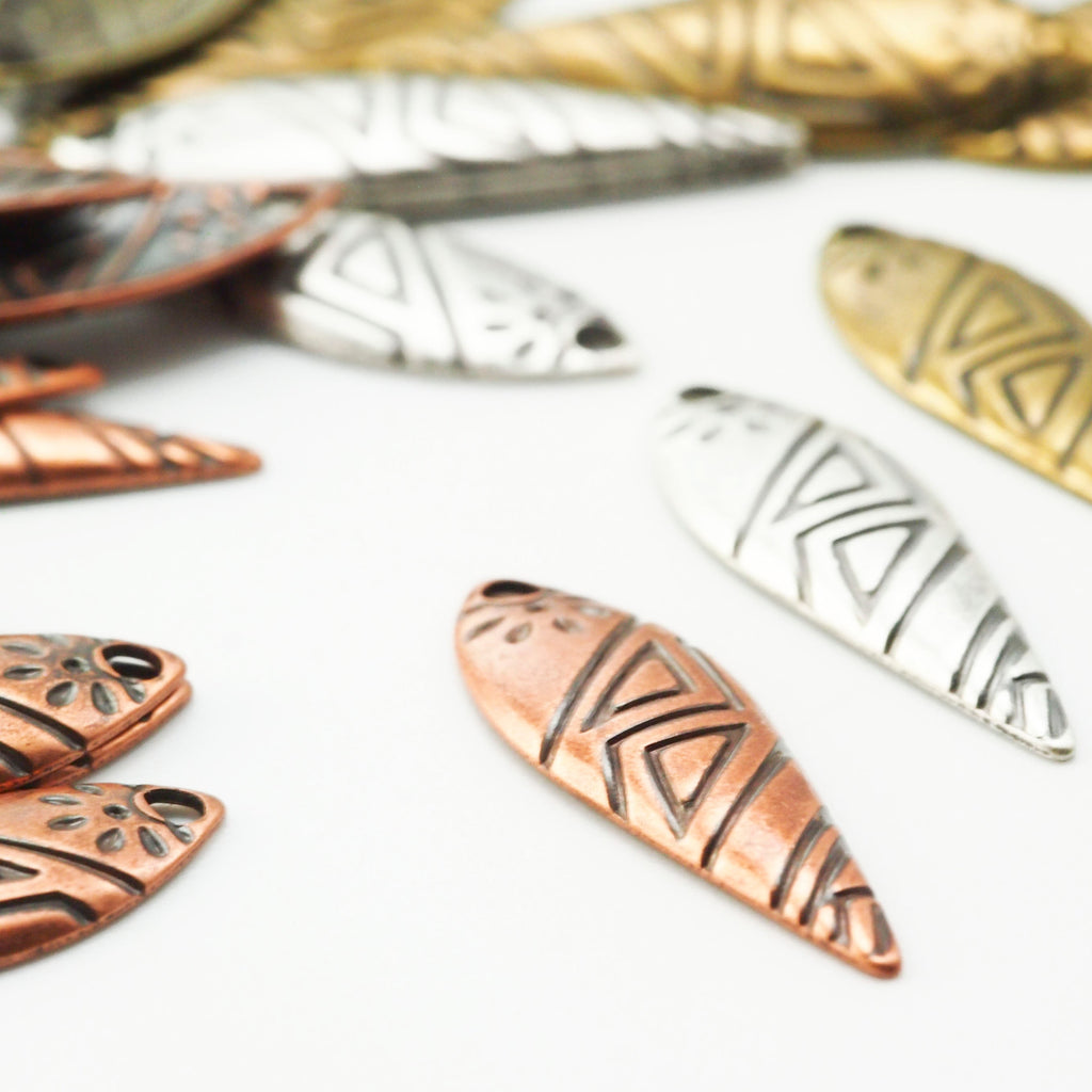 20 Metal Dagger Drops with Geometric Design - 21mm X 7mm Charms - You PICK Finish - 100% Guarantee