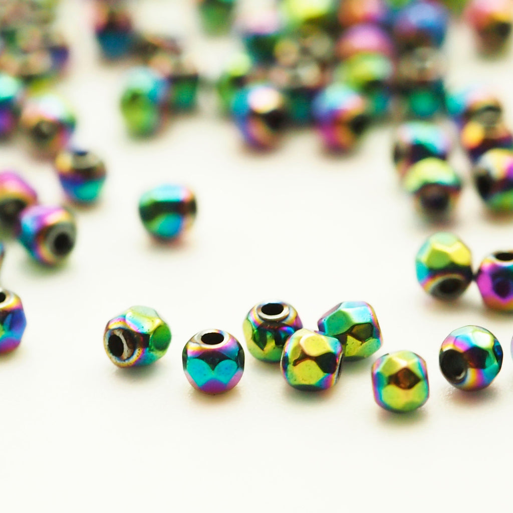 50 Faceted Round Beads - Rainbow Plated Brass in 6 Sizes - 2mm, 3mm, 4mm, 6mm, 8mm, 10mm - 100% Guarantee