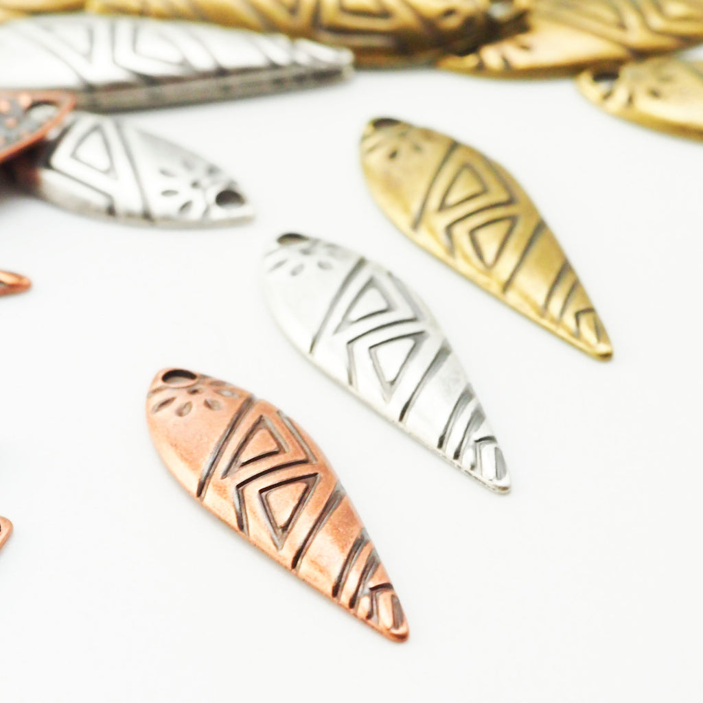 20 Metal Dagger Drops with Geometric Design - 21mm X 7mm Charms - You PICK Finish - 100% Guarantee