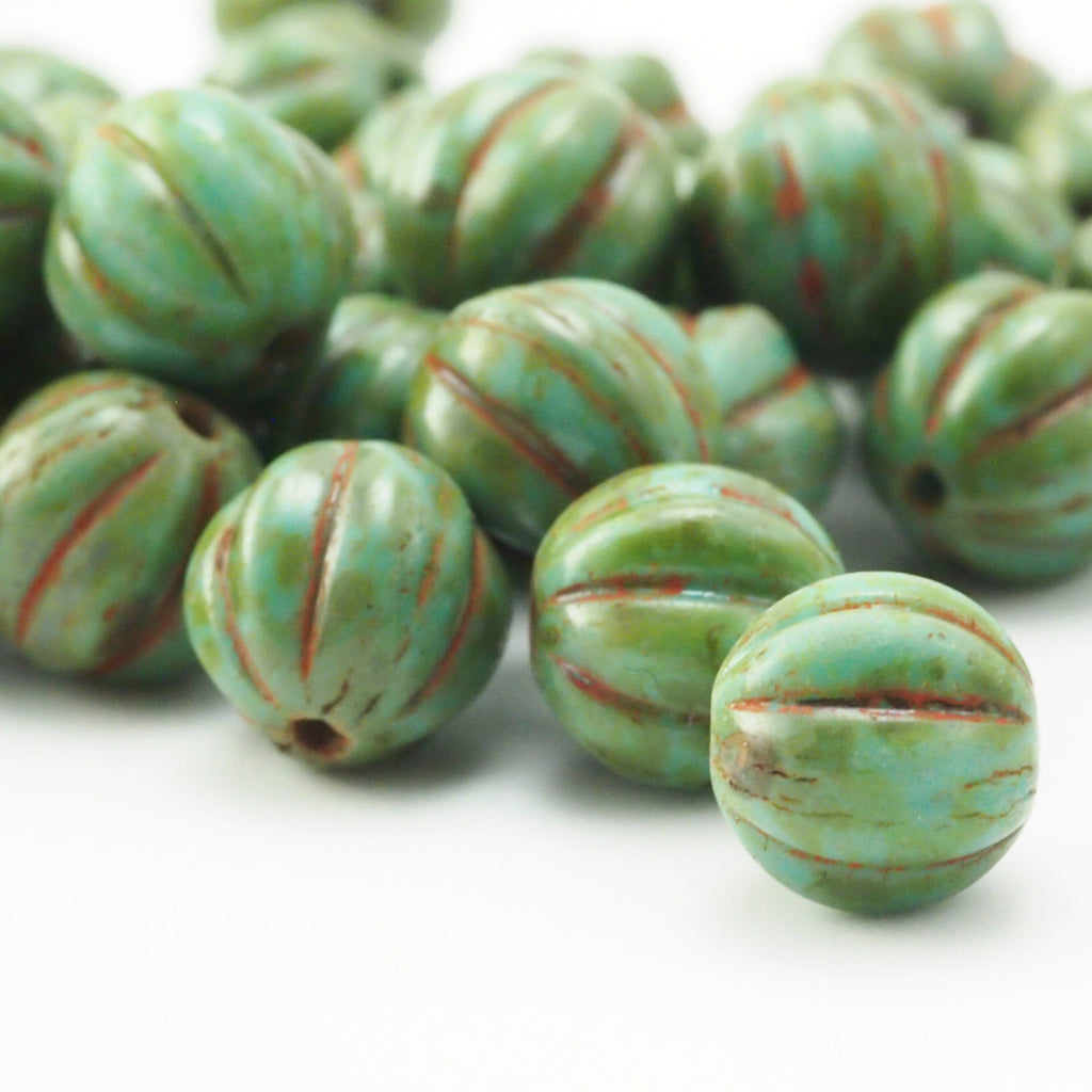 15 - 8mm Turquoise Picasso Melon Beads - Corrugated Czech Glass Rounds - 100% Guarantee